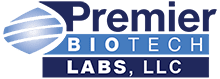 A blue and white logo for premier biotech labs, llc.
