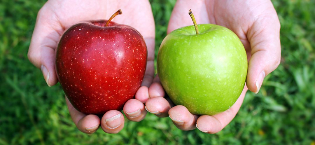Two hands holding apples in their cupped hands.