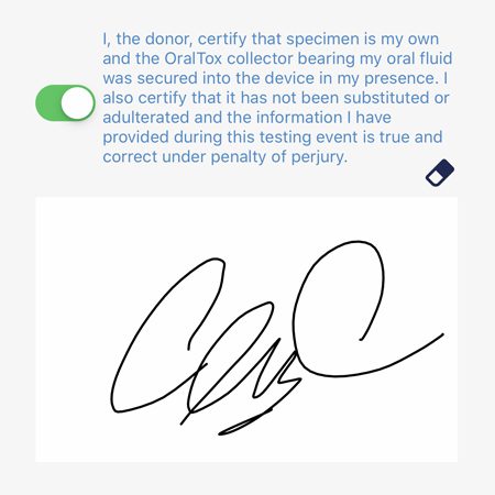 A person 's signature is displayed on the screen.