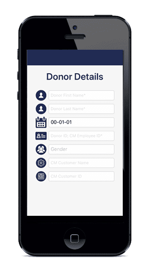 A phone with donor details displayed on the screen.