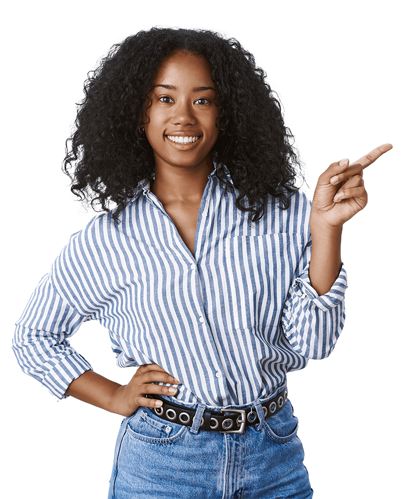 A woman in striped shirt pointing to her right.